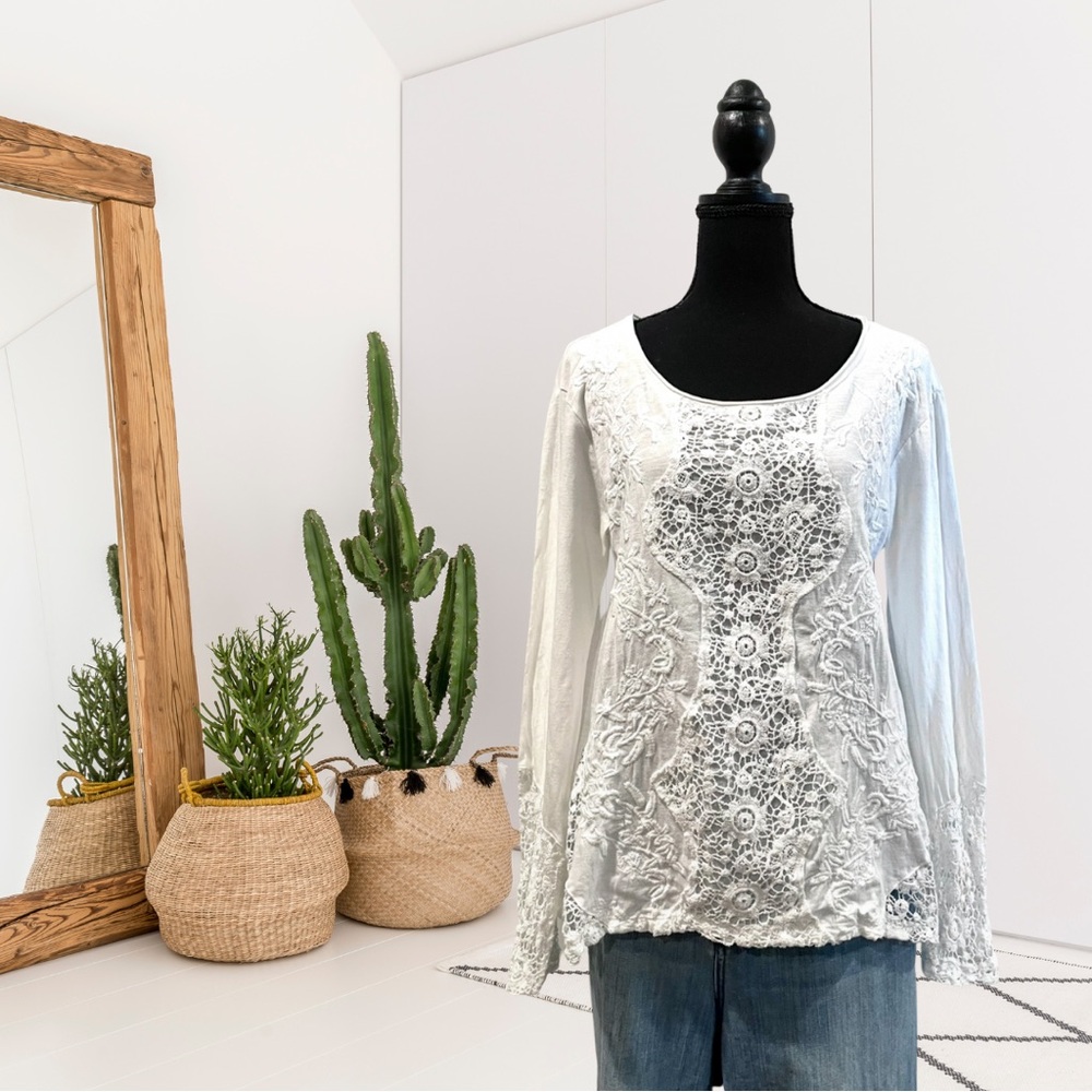 Sundance Long Sleeve Crochet Trim Top